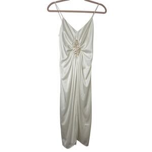 Sz 7 VTG 70s White Ruched Bodycon Dress US Made Gold Diamond Disco Costume Glam